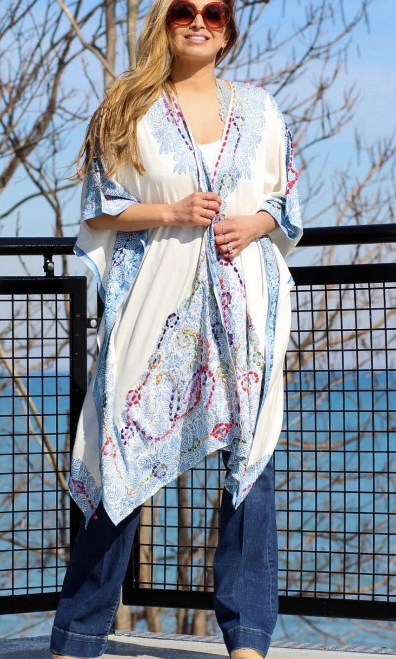 Women’s Bohemian Paisley Kaftan Embroidered Tunic Oversized Resortwear One Size